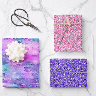 Pink Lila Aqua Sparkle Glitzer Geschenkpapier Set