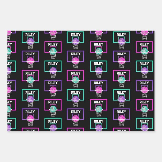 Pink Lila Aquamarin Basketball Paint Spritzer Name Geschenkpapier Set (Vorderseite)