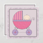 Pink & Lila Baby in Carriage Girl Babydusche Einladung (Vorne/Hinten)