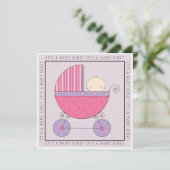 Pink & Lila Baby in Carriage Girl Babydusche Einladung (Stehend Vorderseite)