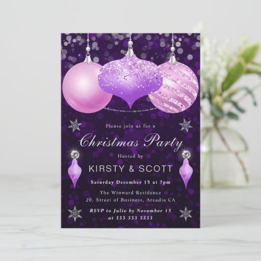 Pink & Lila Baubles Weihnachtsabend Party Einladung (Stehend Vorderseite)