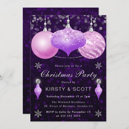 Pink & Lila Baubles Weihnachtsabend Party Einladung (Vorne/Hinten)
