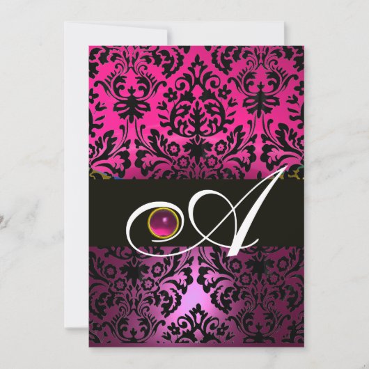 PINK LILA BLACK DAMASK MONOGRAM Amethyst Fuchsia Einladung (Vorderseite)