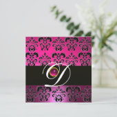 PINK LILA BLACK DAMASK MONOGRAM Amethyst Fuchsia Einladung (Stehend Vorderseite)