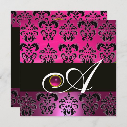 PINK LILA BLACK DAMASK MONOGRAM Amethyst Fuchsia Einladung (Vorne/Hinten)