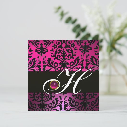 PINK LILA BLACK DAMASK MONOGRAM Amethyst Fuchsia Einladung (Stehend Vorderseite)