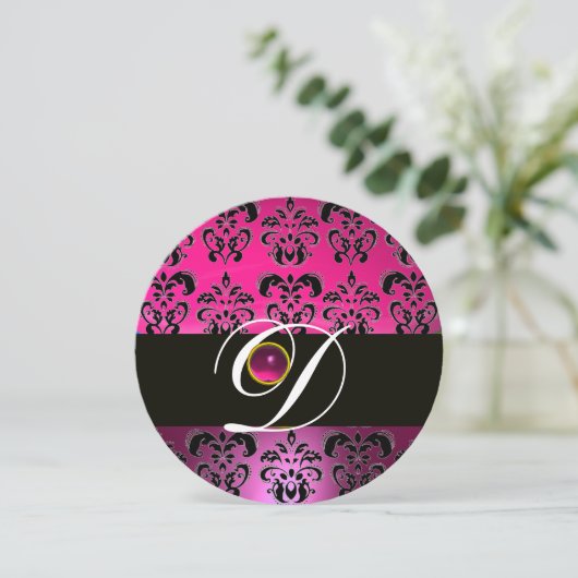 PINK LILA BLACK DAMASK MONOGRAM Amethyst Fuchsia Einladung (Stehend Vorderseite)