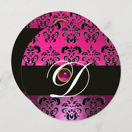 PINK LILA BLACK DAMASK MONOGRAM Amethyst Fuchsia Einladung (Vorne/Hinten)