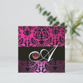 PINK LILA BLACK DAMASK MONOGRAM Amethyst Fuchsia Einladung (Stehend Vorderseite)