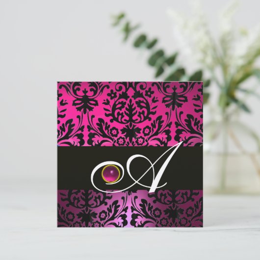 PINK LILA BLACK DAMASK MONOGRAM Amethyst Fuchsia Einladung (Stehend Vorderseite)