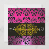 PINK LILA BLACK DAMASK MONOGRAM, Fuchsia, Gold Einladung (Vorderseite)