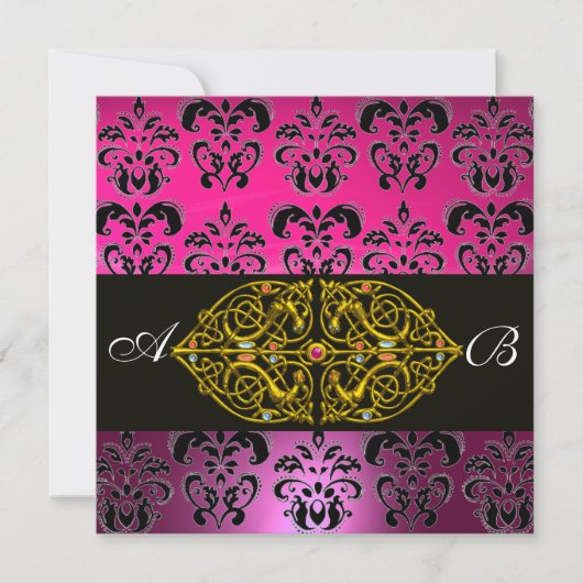 PINK LILA BLACK DAMASK MONOGRAM, Fuchsia, Gold Einladung (Vorderseite)