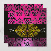 PINK LILA BLACK DAMASK MONOGRAM, Fuchsia, Gold Einladung (Vorne/Hinten)