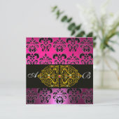 PINK LILA BLACK DAMASK MONOGRAM, Fuchsia, Gold Einladung (Stehend Vorderseite)