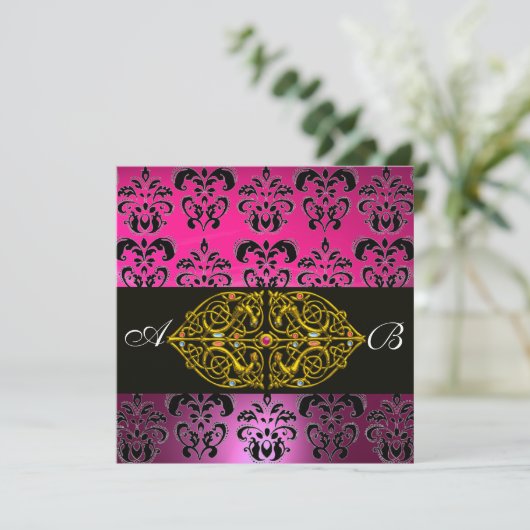 PINK LILA BLACK DAMASK MONOGRAM, Fuchsia, Gold Einladung (Stehend Vorderseite)