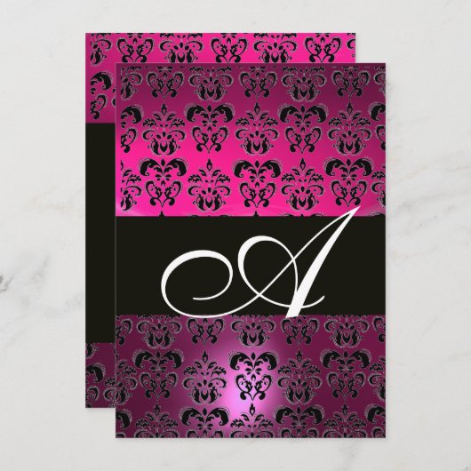 PINK LILA BLACK DAMASK MONOGRAM fuchsia weiß Einladung (Vorne/Hinten)