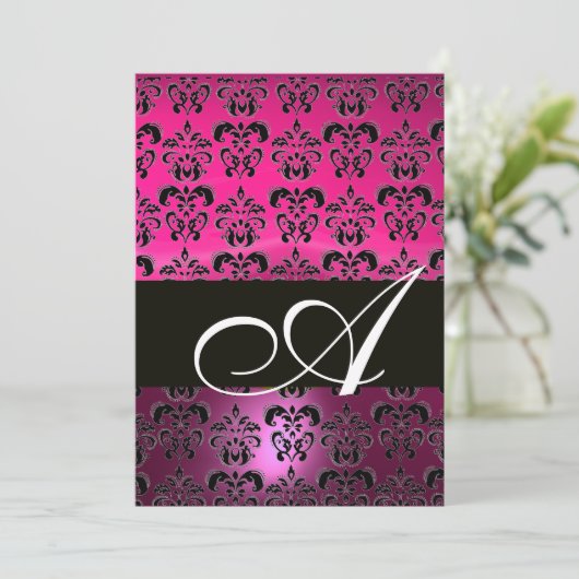 PINK LILA BLACK DAMASK MONOGRAMM, fuchsienweiß Einladung (Stehend Vorderseite)