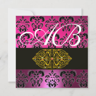 PINK LILA BLACK DAMASK MONOGRAMM, weiß Einladung
