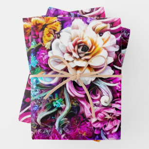 Pink Lila Blue Aquamarin White Garden Blume Fantas Geschenkpapier Set