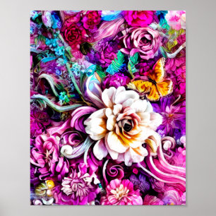 Pink Lila Blue Aquamarin White Garden Blume Fantas Poster