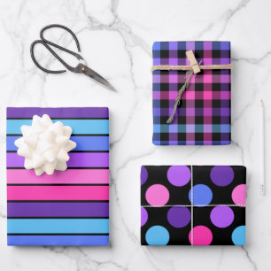 PINK LILA BLUE BLACK STRIPES POLKA DOTS PLAIDS GESCHENKPAPIER SET