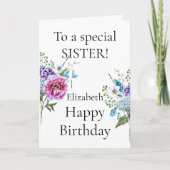 Pink Lila Blue Blumen Happy Birthday Sister Karte (Vorderseite)