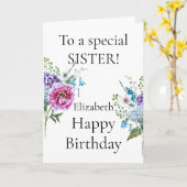 Pink Lila Blue Blumen Happy Birthday Sister Karte (Gelbe Blume)