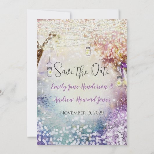 Pink Lila Blue Fairy Lights Boho Forest Wedding Save The Date (Vorderseite)