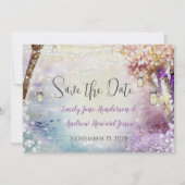 Pink Lila Blue Fairy Lights Boho Forest Wedding Save The Date (Vorderseite)
