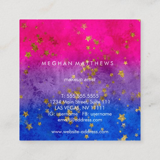 Pink Lila Blue Gold Stars Sparkasse Stylist Quadratische Visitenkarte (Rückseite)