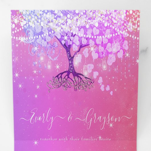 Pink Lila Blue Heart Leaf Tree Wedding Dreifach Gefaltete Einladung (Innen Erste Seite)