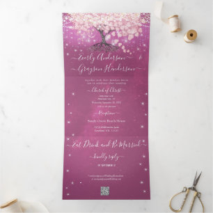 Pink Lila Blue Heart Leaf Tree Wedding Dreifach Gefaltete Einladung