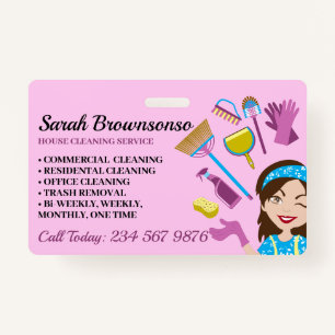 Pink Lila Blue Janitorial Cartoon Haus Reinigung Ausweis