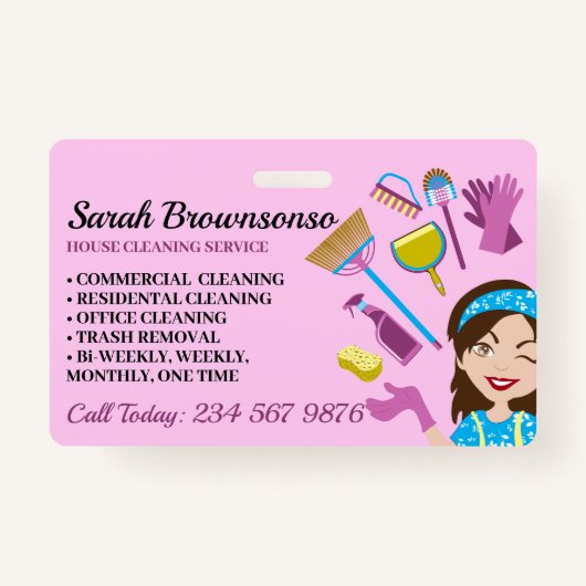 Pink Lila Blue Janitorial Cartoon Haus Reinigung Ausweis (Vorderseite)