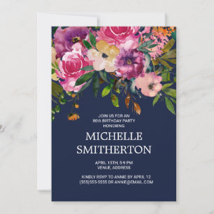 Pink Lila Blumen Navy Blau 80. Geburtstag Einladung