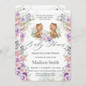 Pink Lila Blumenbären Tee Twins Kinderdusche Einladung (Vorne/Hinten)