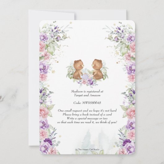 Pink Lila Blumenbären Tee Twins Kinderdusche Einladung (Rückseite)