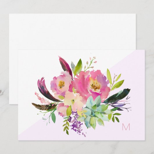 Pink Lila Boho Floral Monogramm Note Karte (Vorne/Hinten)
