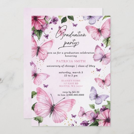 Pink Lila Butterflies Graduation Party Einladung (Vorne/Hinten)