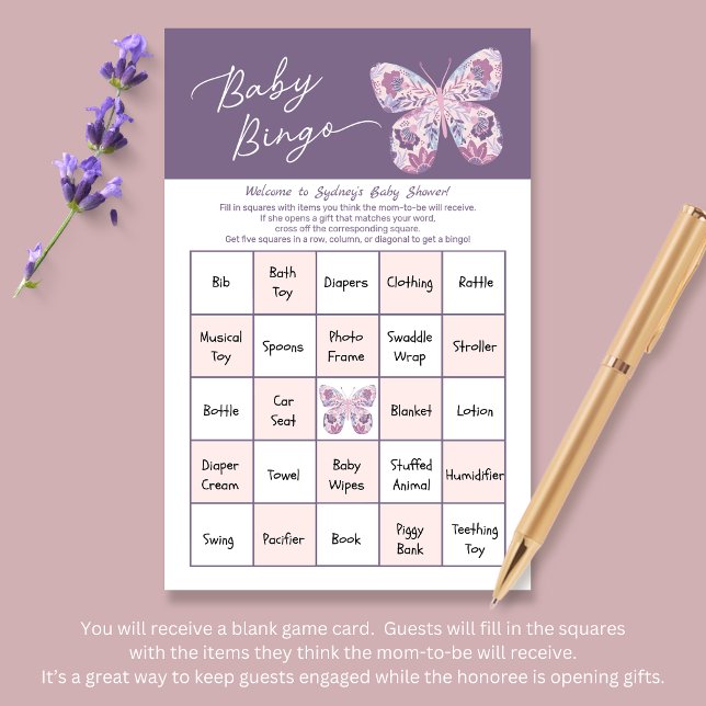 Pink Lila Butterfly Baby Bingo Game Card (Shown at 5.5" x 8.5" size)