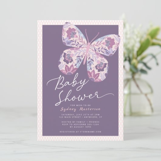 Pink Lila Butterfly Baby Dusche Einladung (Stehend Vorderseite)