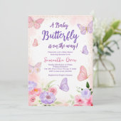 Pink Lila Butterfly Baby Dusche Einladung (Stehend Vorderseite)