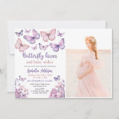 Pink Lila Butterfly Baby Dusche Foto Einladung (Vorderseite)