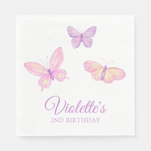 Pink Lila Butterfly Baby Geburtstagsparty Serviette (Vorderseite)