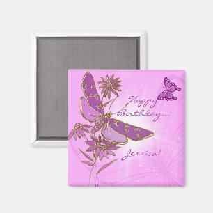 Pink Lila Butterfly Birthday Magnet