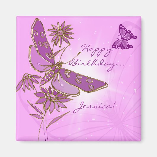 Pink Lila Butterfly Birthday Magnet (Vorne)
