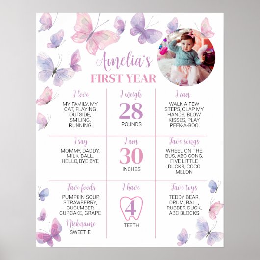 Pink Lila Butterfly First Birthday Meilenstein Poster (Vorne)