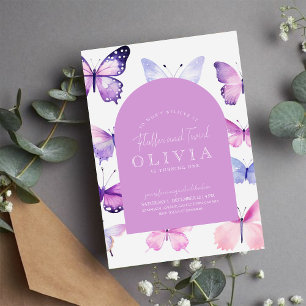 Pink Lila Butterfly Girl 1. Geburtstag Party Einladung