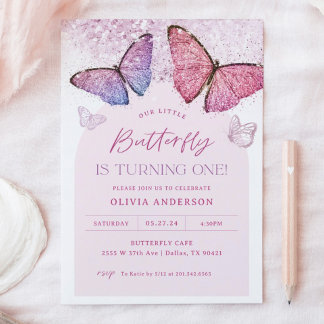 Pink Lila Butterfly Girl 1. Geburtstag Party Einladung