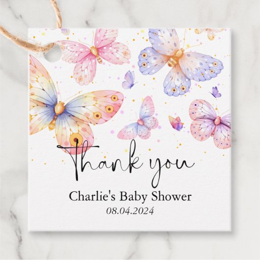 Pink Lila Butterfly Girl Babydusche Geschenkanhänger (Vorderseite)